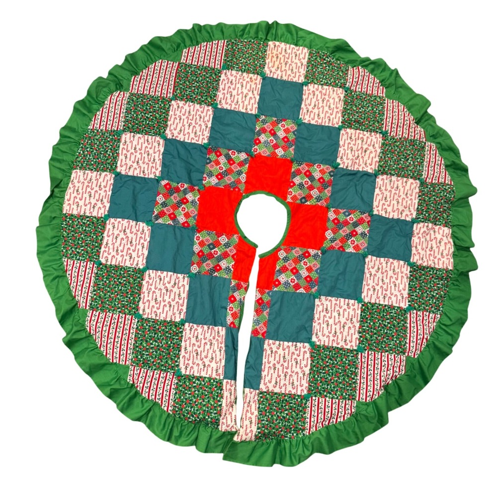Vintage Quilted Christmas Tree Skirt Patchwork Candy Cane Green Ruffle Holiday